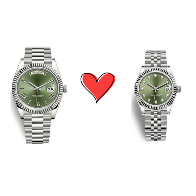 Him & Her – Seiko Olive Green Silver Combo (Day-Date 40mm + Lady Datejust 31mm)